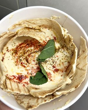 Delivered hummus with lavash at Dargett Brewpub in Yerevan