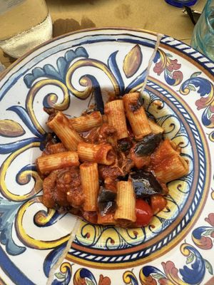 Pasta alla norma without cheese  at A Putia in Siracusa