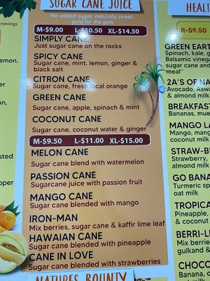 Sugar Cane menu  at Juice Veda in South Yarra