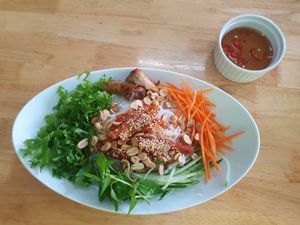 White noodles with fried spring rolls + tofu at Okale in Nha Trang