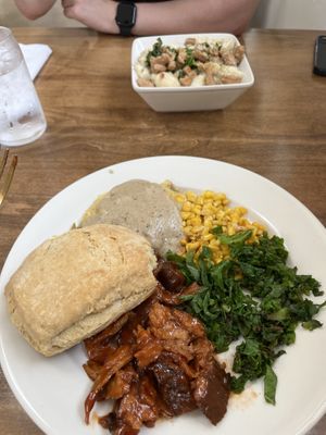 i got the bbq plate and my partner got the cashew alfredo with vegan chicken.  at The Golden Spoon in Edmond