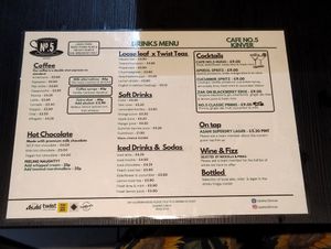 Drinks menu at Cafe No 5 in Kinver