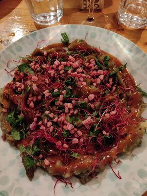 Eggplant stripes with tahini dressing and raspberries at Osteria in Bolla in San Luca