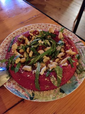 Red beetroot hummus at Osteria in Bolla in San Luca