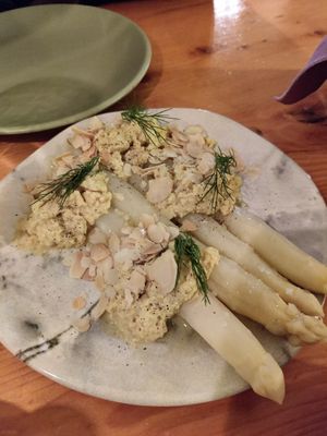 Scrambled no-egg tofu and asparagus at Osteria in Bolla in San Luca