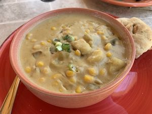 Corn chowdah!  at Crumhorn Coffee House in Oneonta