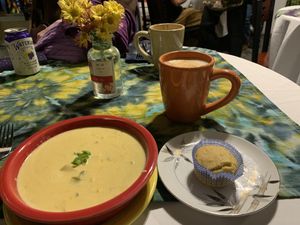 Corn chowder, corn muffin, chai latte  at Crumhorn Coffee House in Oneonta