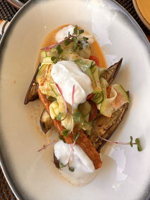 Sharing plate of Eggplant & Tempeh  at Sisu in Picton