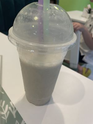 Peanut butter and banana smoothie with oat milk (picture taken half way through meal)  at Fresh & Fit Cafe in Phuket