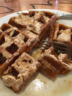 pumpkin waffle with chai butter and maple syrup (2017) at Boots Bakery & Lounge in Spokane