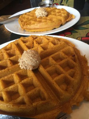 Famous pumpkin waffles! Don't miss them! at Boots Bakery & Lounge in Spokane