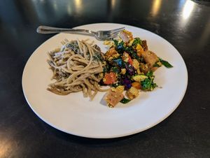 Mushroom pasta and Tofu scramble. at Boots Bakery & Lounge in Spokane