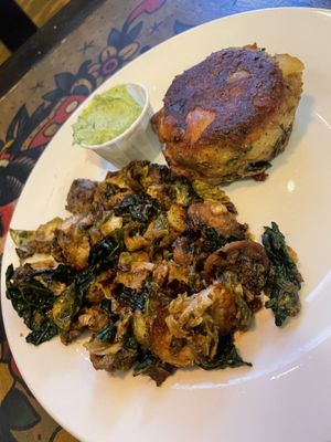 Potato croquette and cheezy Brussels sprout hash  at Boots Bakery & Lounge in Spokane