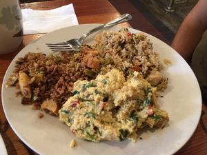 Trio - sausage hash, fried rice and Alison's breakfast at Boots Bakery & Lounge in Spokane