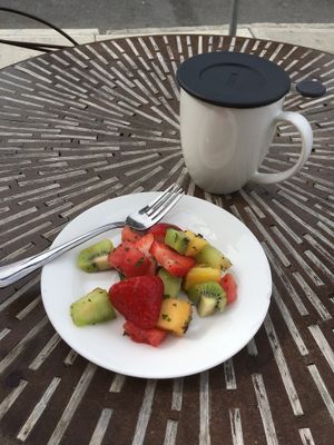 Fruit salad & Green Jasmine tea at Boots Bakery & Lounge in Spokane