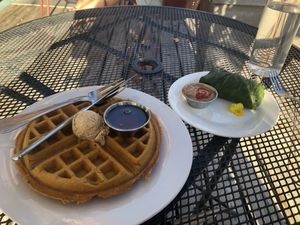 Pumpkin waffle and collard wrap at Boots Bakery & Lounge in Spokane