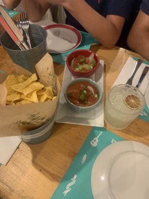 Tortilla chips, guacamole, salsa, margarita   at Calavera - Mexican Food & Tequila Bar in Ericeira