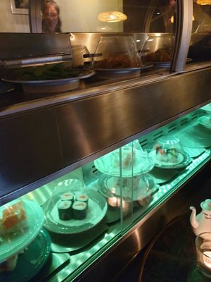 Running sushi with two levels. First level is hot food, second level is cold food at Bo's Viet Deli in Munich