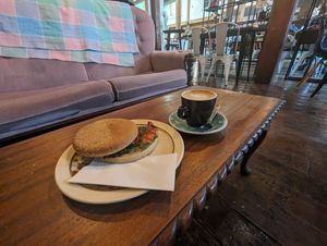 Pesto roasted veg sandwich and a coffee at Harbour Street Collective Cafe in Oamaru