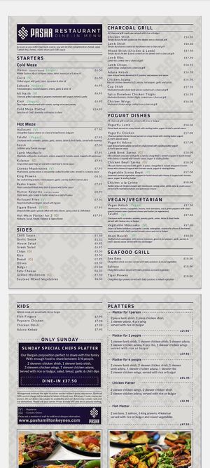 Menu at Pasha Turkish Grill Restaurant in Milton Keynes