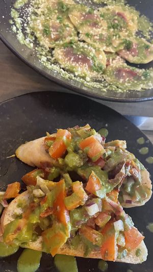 Bruschetta and beetroot ravioli   at Reishi Plant Kitchen in Worcester