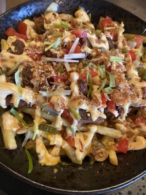 Cheeseburger fries, was on the specials board  at Reishi Plant Kitchen in Worcester