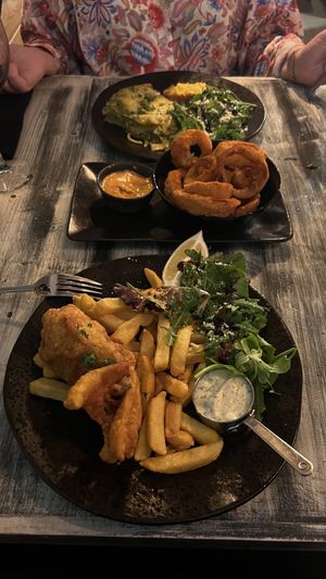Vegan fish and chips  at Reishi Plant Kitchen in Worcester