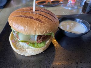 Greek “Lamb” Burger   at Reishi Plant Kitchen in Worcester