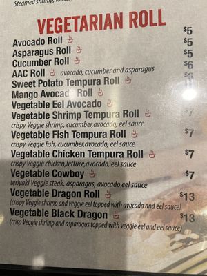 Vegetarian menu  at Sushi Hut in Orlando
