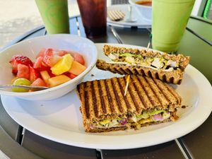 Caribbean Panini with vegan provolone and vegan chicken, fresh fruitt  at Something Healthy Cafe in Sierra Madre