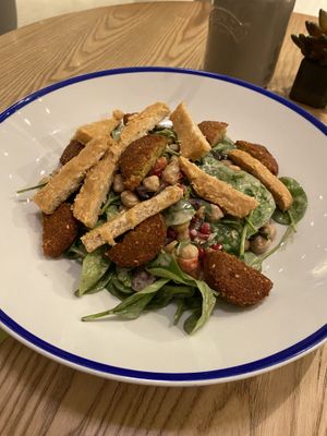 Falafel salad with vegan chicken (which smells more like fish than chicken)  at The Daily - Rove Dubai Marina in Dubai