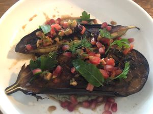 Roasted Eggplant with cracked olive salsa, baba ganoush and maple & miso dressing    at Park House in Mona Vale