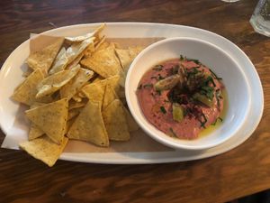 Beetroot Hummus - vegan option without feta, came with corn chips   at Park House in Mona Vale