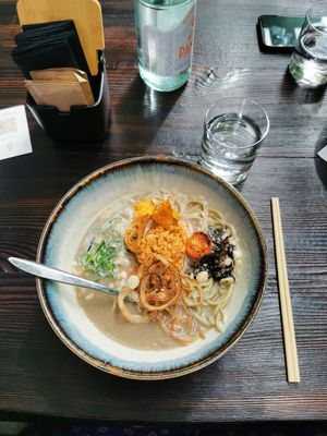 VEGAN TONKOTSU - 

12 €. Miso tare, crafted noodles, vegetable soup, macadamia milk, spicy tofu soboro, crunchy onion, crushed peanuts, sweet potato chips, kikurage, scallions at Shōyu in Riga