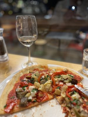 Vegan Ortolana pizza with GF base and vegan wine  at Farro Pizzeria in Hawthorn