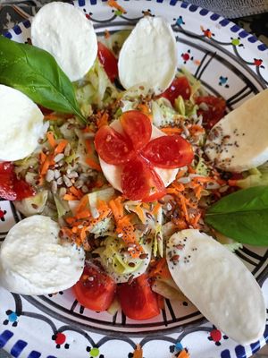 Verità, an organic salad topped with the juiciest buffalo mozzarella you'll ever taste. €12 at Ecologica Bistrot in Palermo