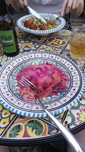 Vegan lasagna in the front, veggie and tofu balls in the back. Photo doesn't do the lasagna justice. at Ecologica Bistrot in Palermo