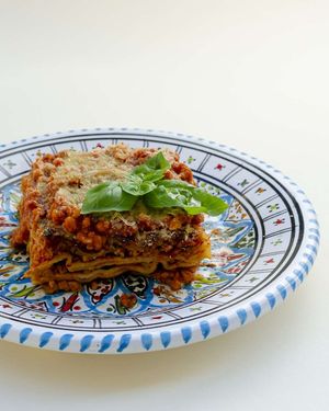 Vegan lasagna with soy bolognaise and rice-based besciamelle, with veggies. €12 at Ecologica Bistrot in Palermo