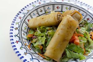 Veggie spring rolls, sour & sweet, filled with cabbage, pineapple, almonds... Garnished with soy sauce. Served with salad. €10 at Ecologica Bistrot in Palermo