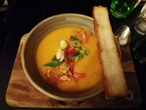 Amazing pumpkin peanut soup at Proeflokaal Rixt in Ameland