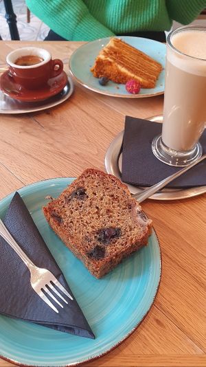 Vegan blueberry-walnut-bananabread, chai latte, espresso and (non-vegan) honey cake. at Cafe Cello in Dresden
