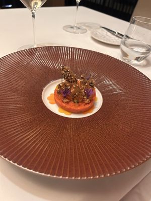 Carrot-Potatoe Mousse with vegetable chips  at Salabka in Prague