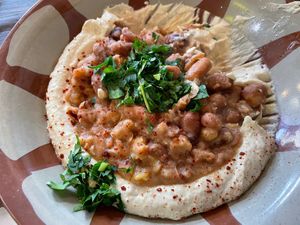 Foul Mudammas (in the picture - in hummus)  at Omaya's Lebanese Cuisine in Santa Clarita