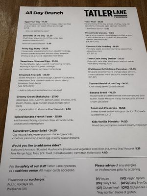 The current menu- slightly different to what I could find online from 6 months ago   at Tatler Lane by Sweetbrew in Launceston