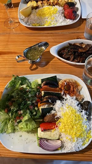 Veggie kebab plate and balsamic mushrooms  at Green Lettuce USA in Greenville