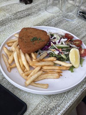 Vegan schnitzel with chips & salad  at Stradbroke Island Beach Hotel in Point Lookout