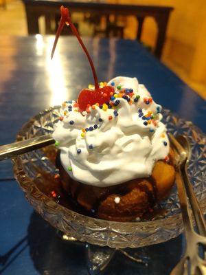 Vegan passionfruit ice cream, fried and topped with vegan whipped cream at Mandala Vegetarian & Vegan in Koh Kut