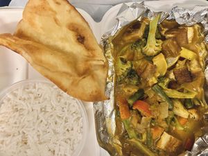 Tofu curry (#20) NOTE: double check that the naan is vegan. Everything on their menu is clearly marked vegan but they put this naan in for free so just double check before u order  at Lemongrass in Tucson