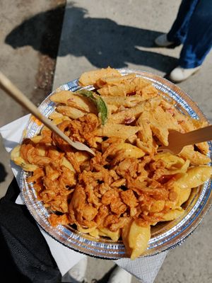 Half Rasta Pasta and half buffalo chick'n mac from the "Vegan Market" in Somerville, MA at RastaRant in Hartford