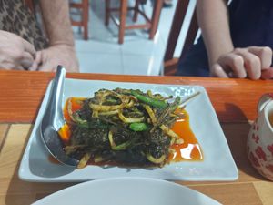 Spicy fried roselle & bamboo at Cherry Burmese in Chiang Mai